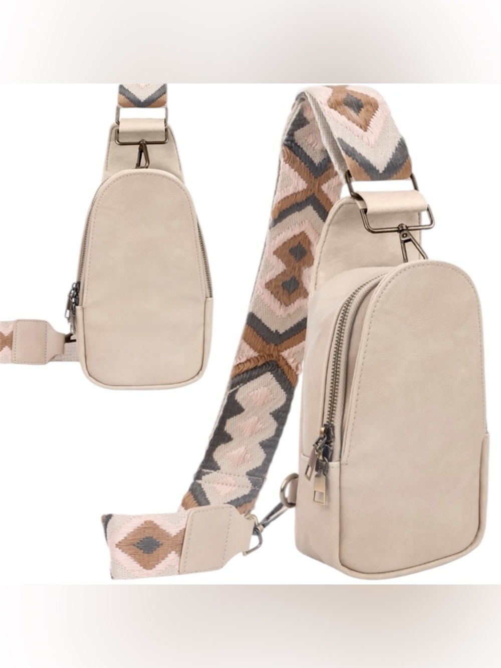 Beige Vegan Leather Sling Crossbody Bag